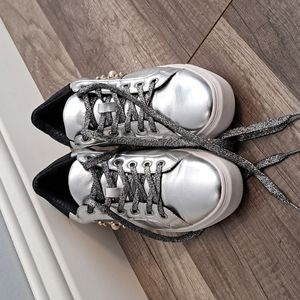 Silver leather metallic embellished sneakers. Steven by Steve Madden